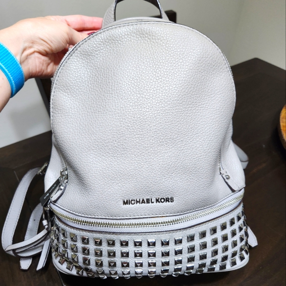 Michael Kors Pearl Grey studded Rhea Medium sized backpack purse